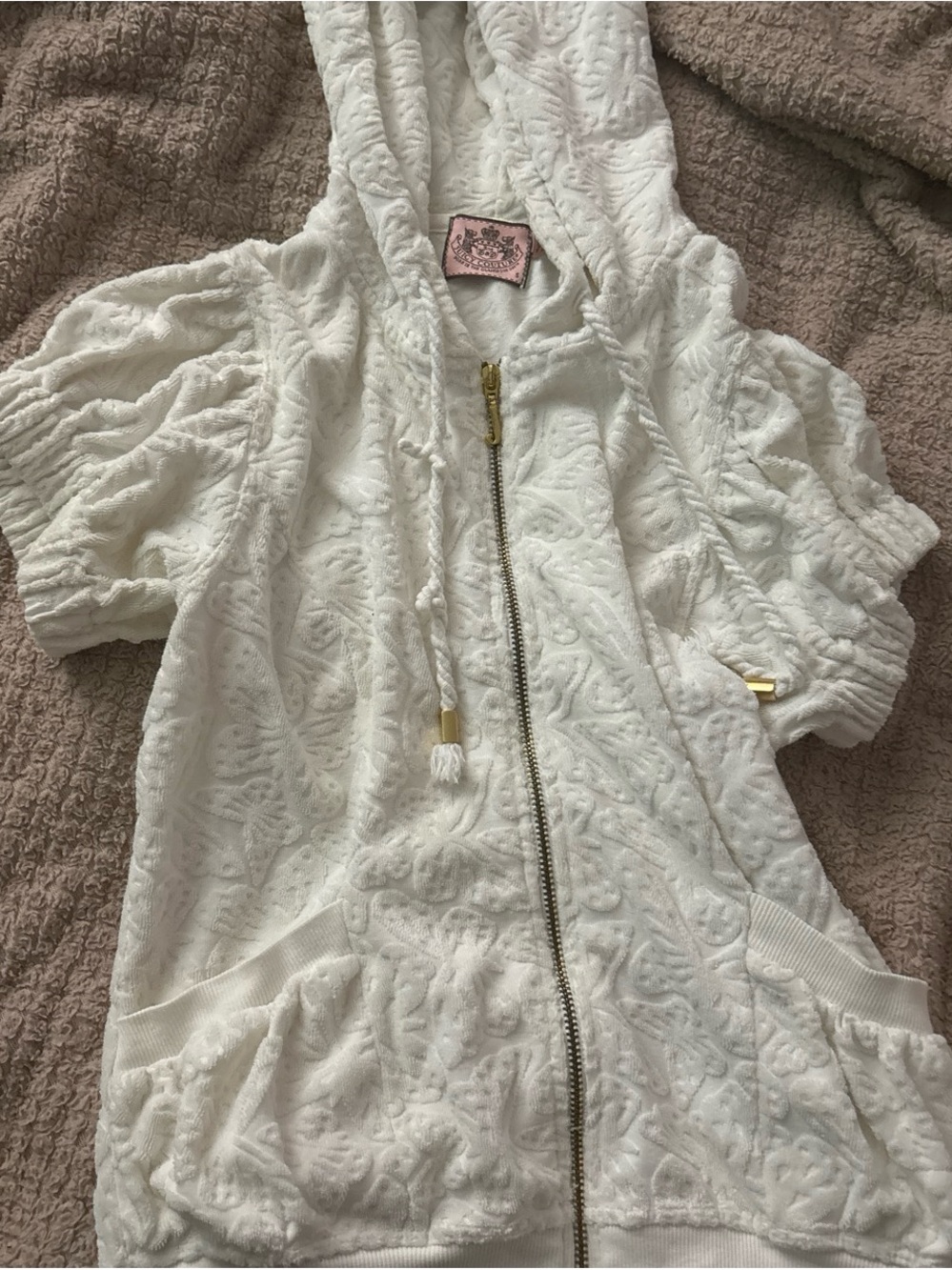 Juicy Couture White Textured Hooded Zip Jacket with Pink Label